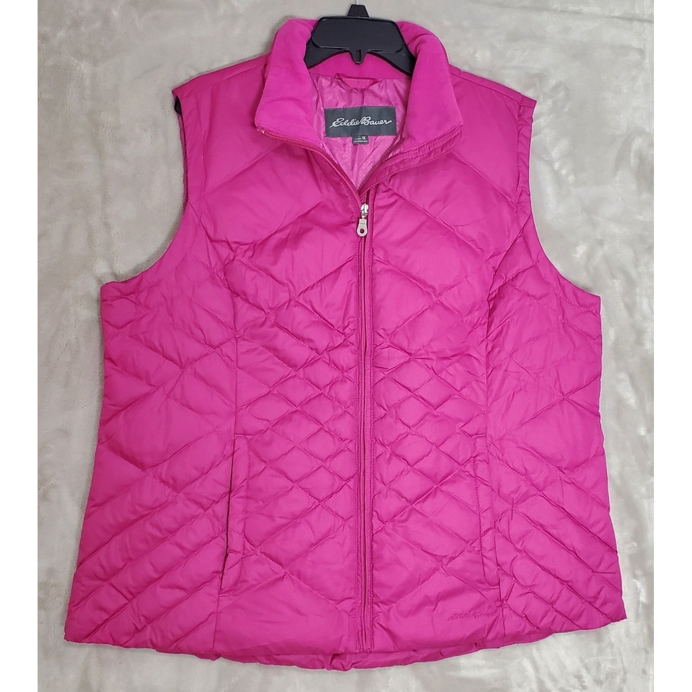 Eddie Bauer Goose Down Vest Womens Size 1X Pink Quilted Full Zip 550 Fill EUC